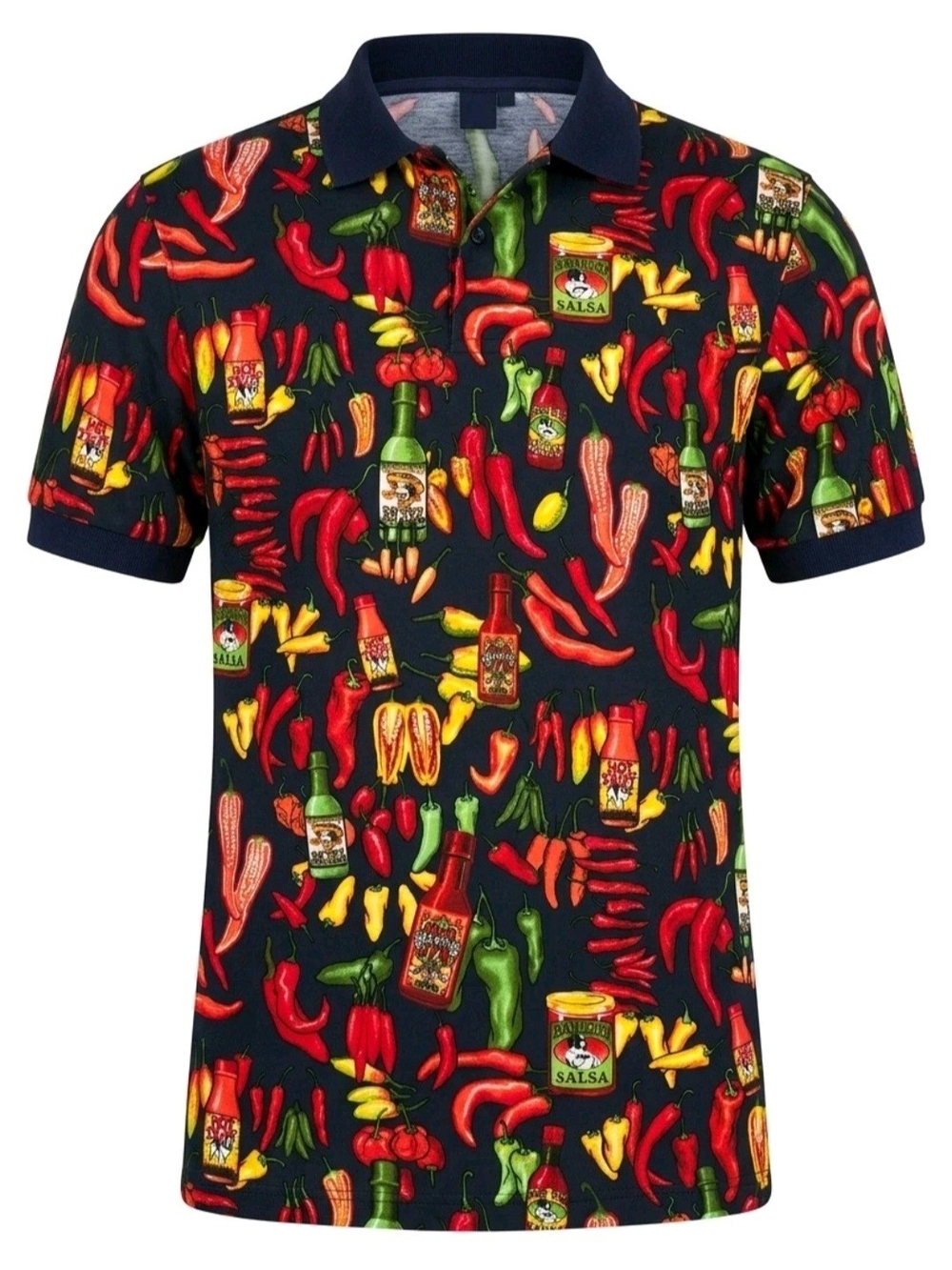 Vintage Big Dogs Navy Polo with Red, Yellow & Green Chili Print Size Large